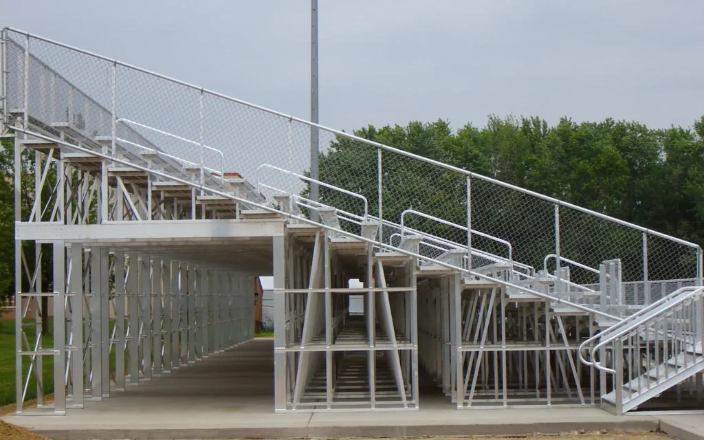 Side view of outdoor elevated bleachers.