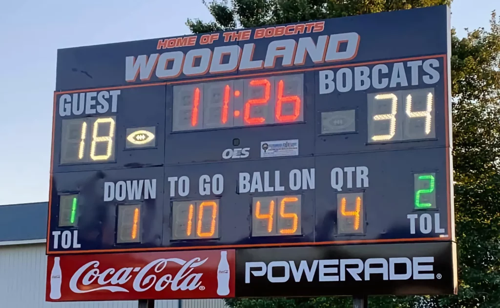 Outdoor scoreboard for football.