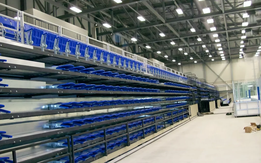 Blue indoor telescopic bleachers are stored in a gym.