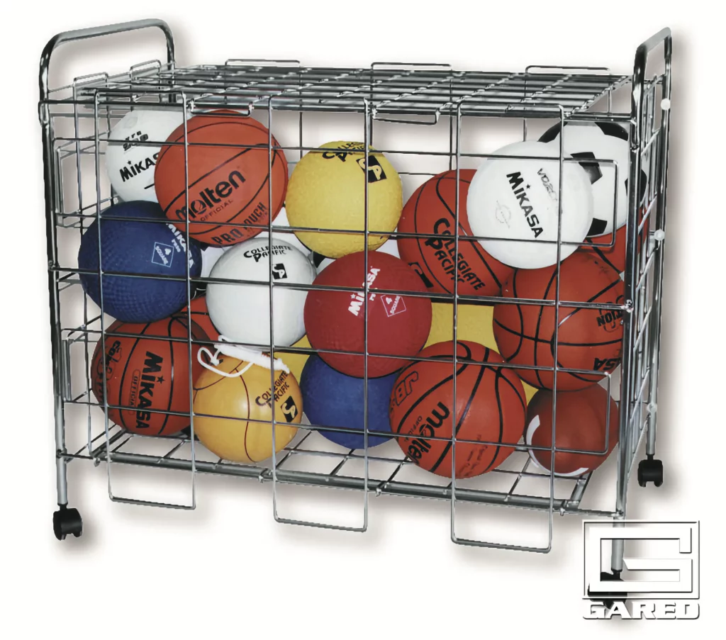 Storage cage for volleyballs, soccer balls, and basketballs.
